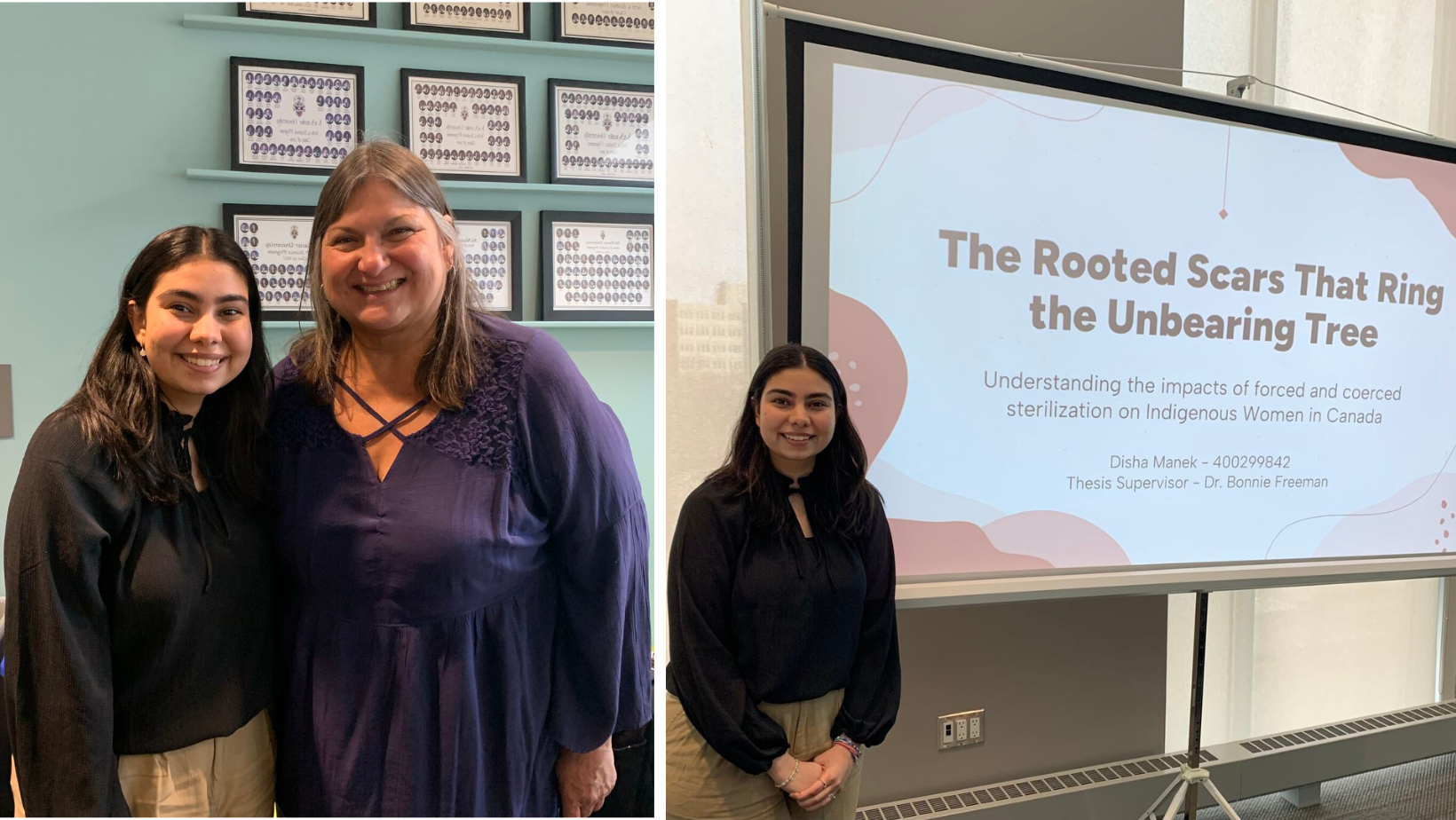 Picture of Disha Manek and Dr. Bonnie Freeman (left); picture of Disha Manek at her thesis presentation (right).