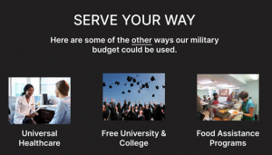 "Serve Your Way" text, pictures of healthcare provider, a graduation ceremony and a person serving food at a cafeteria. 